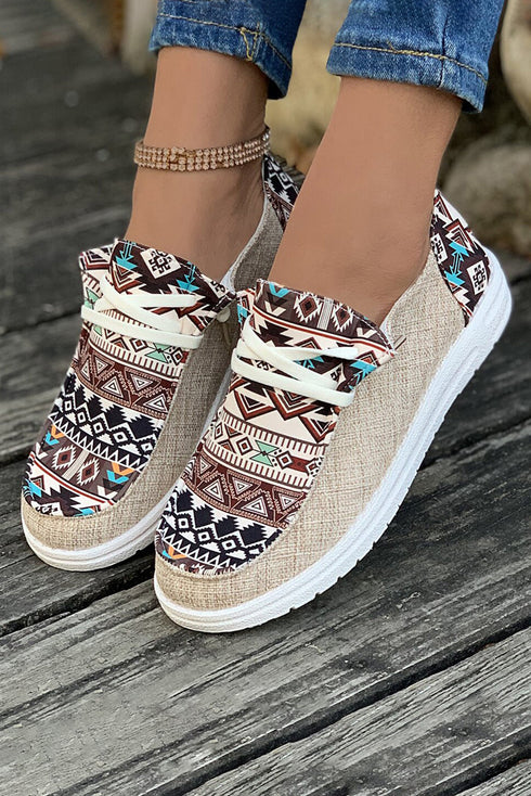 Western Aztec Print Patchwork Lace Up Flat Shoe