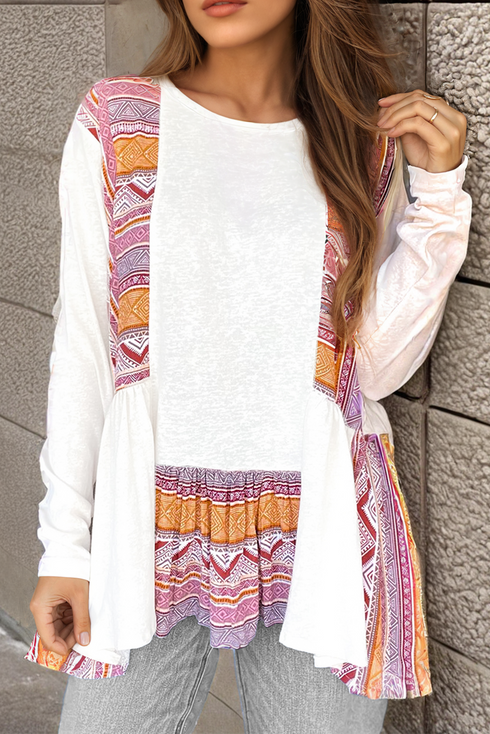 Western Aztec Print Patchwork Ruffled Long Sleeve Babydoll Tunic