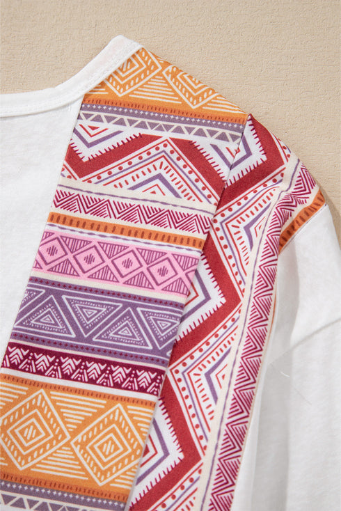 Western Aztec Print Patchwork Ruffled Long Sleeve Babydoll Tunic