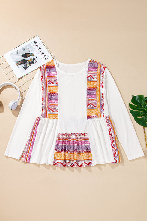 Western Aztec Print Patchwork Ruffled Long Sleeve Babydoll Tunic
