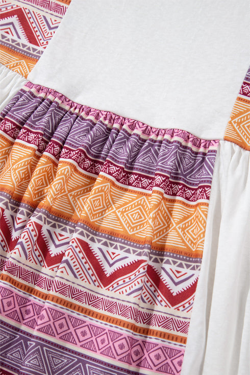Western Aztec Print Patchwork Ruffled Long Sleeve Babydoll Tunic