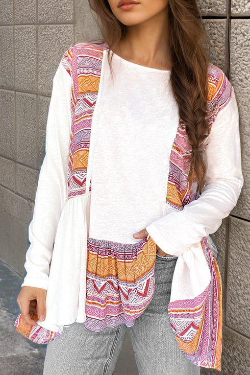 Western Aztec Print Patchwork Ruffled Long Sleeve Babydoll Tunic