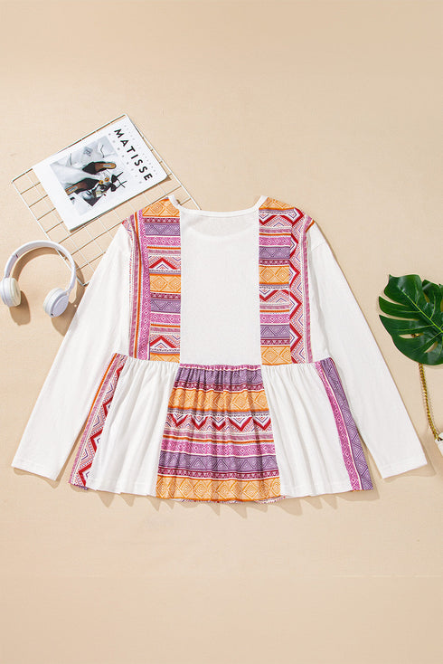 Western Aztec Print Patchwork Ruffled Long Sleeve Babydoll Tunic