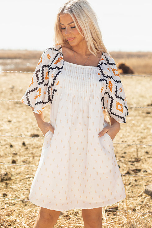 Western Aztec Print Pleated Square Neck Loose Mini Dress