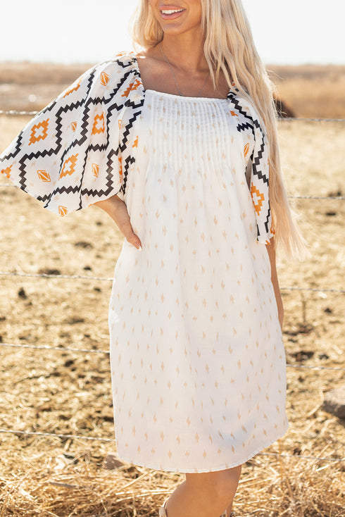 Western Aztec Print Pleated Square Neck Loose Mini Dress