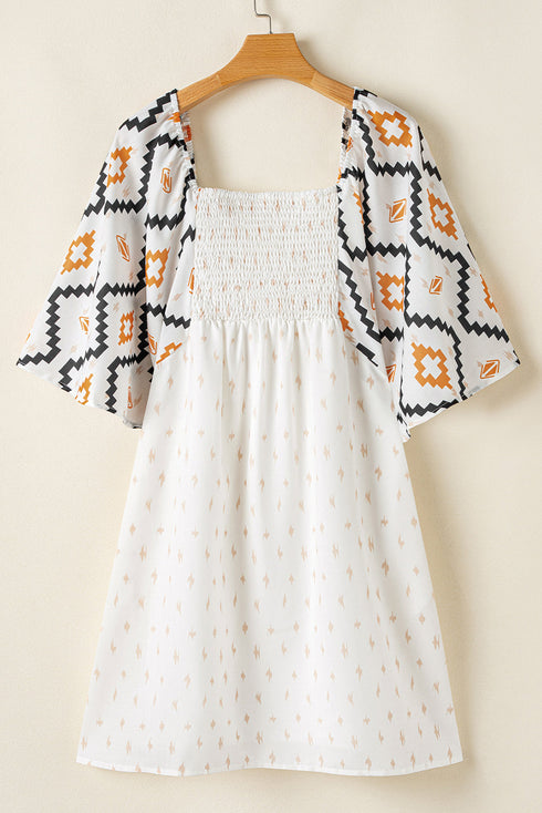 Western Aztec Print Pleated Square Neck Loose Mini Dress