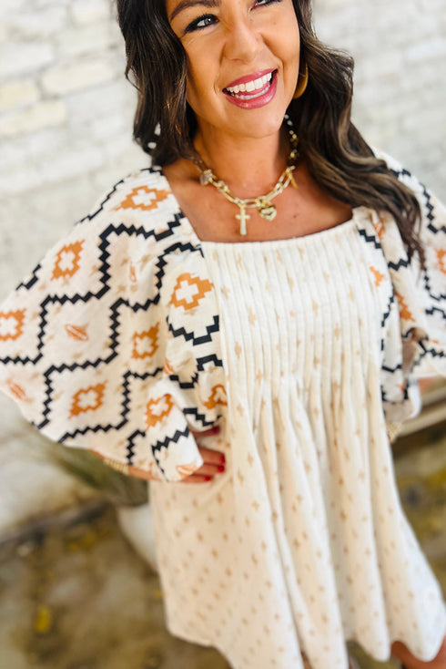 Western Aztec Print Pleated Square Neck Loose Mini Dress