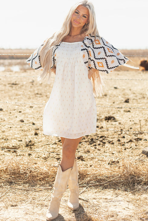 Western Aztec Print Pleated Square Neck Loose Mini Dress