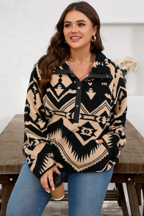 Western Aztec Print Sherpa Fleece Half Button Collared Sweatshirt