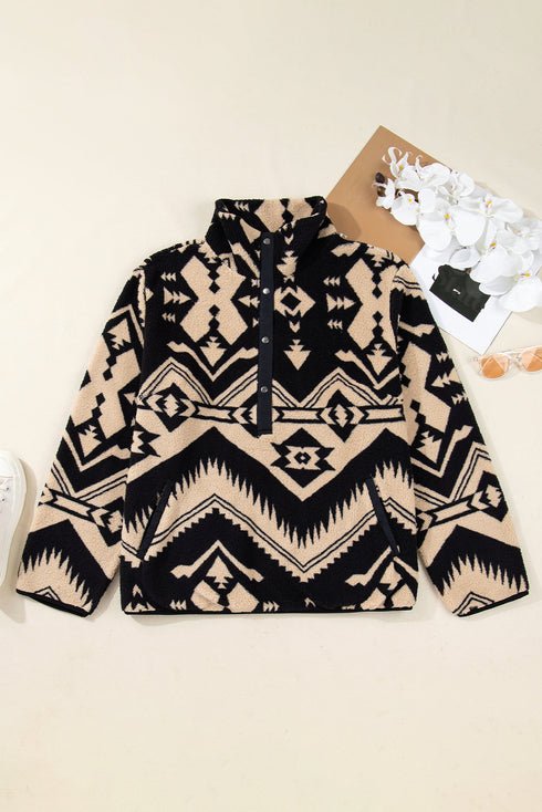 Western Aztec Print Sherpa Fleece Half Button Collared Sweatshirt