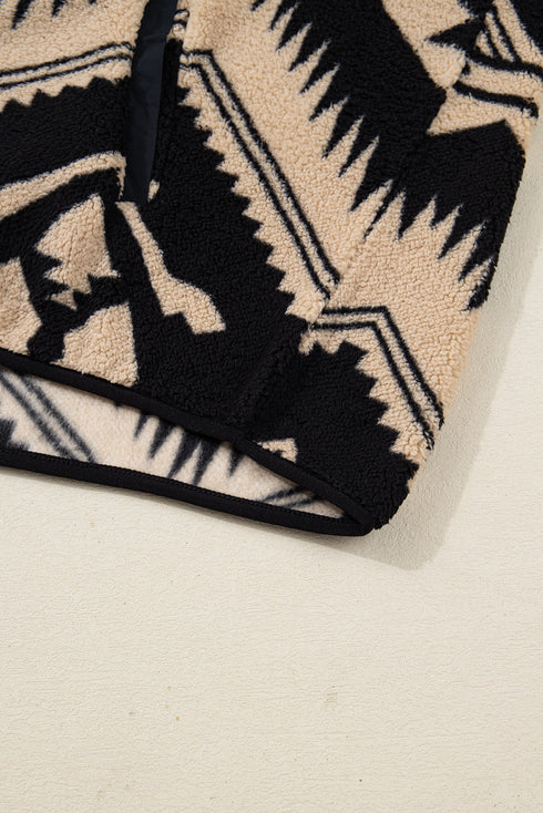 Western Aztec Print Sherpa Fleece Half Button Collared Sweatshirt
