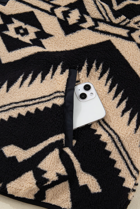 Western Aztec Print Sherpa Fleece Half Button Collared Sweatshirt
