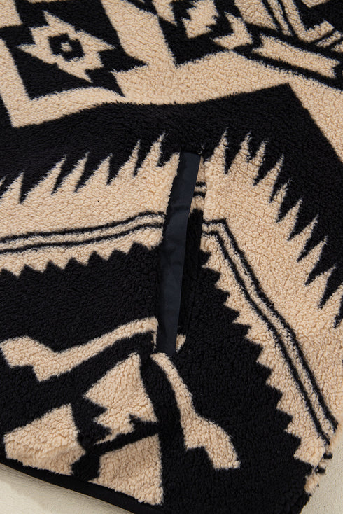 Western Aztec Print Sherpa Fleece Half Button Collared Sweatshirt