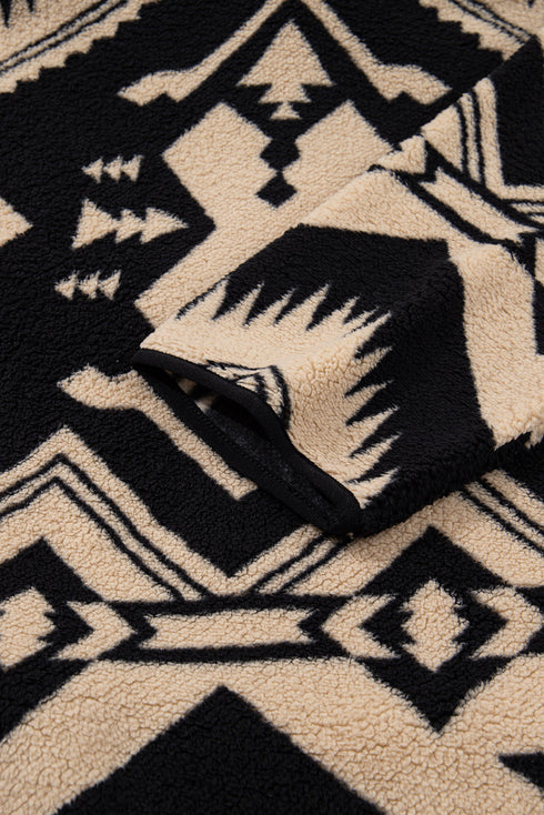 Western Aztec Print Sherpa Fleece Half Button Collared Sweatshirt