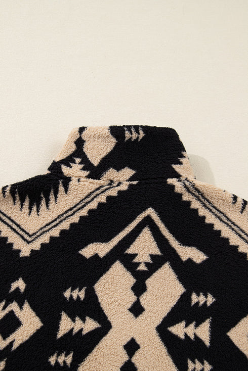 Western Aztec Print Sherpa Fleece Half Button Collared Sweatshirt