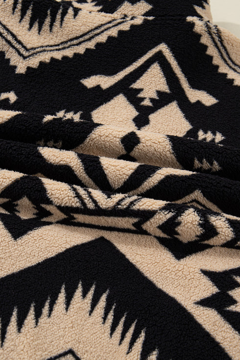 Western Aztec Print Sherpa Fleece Half Button Collared Sweatshirt