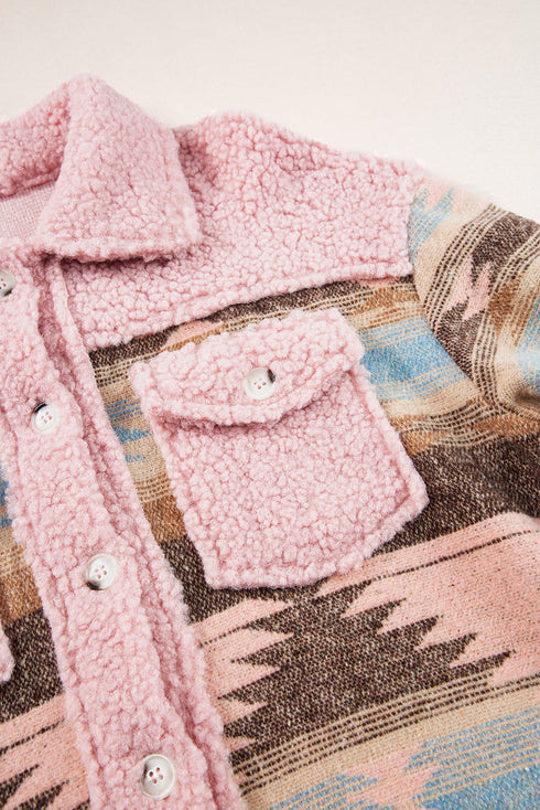 Western Aztec Print Sherpa Spliced Fleece Pocket Jacket