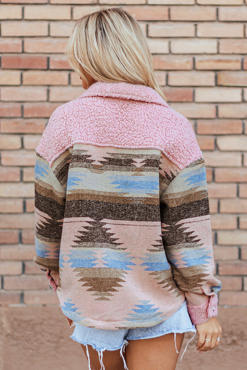 Western Aztec Print Sherpa Spliced Fleece Pocket Jacket