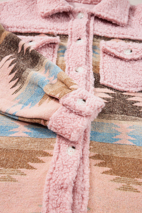 Western Aztec Print Sherpa Spliced Fleece Pocket Jacket