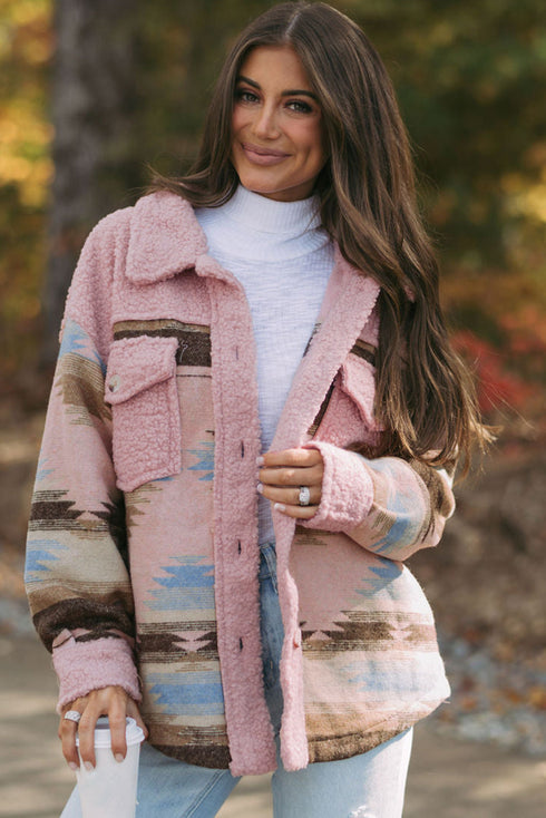 Western Aztec Print Sherpa Spliced Fleece Pocket Jacket