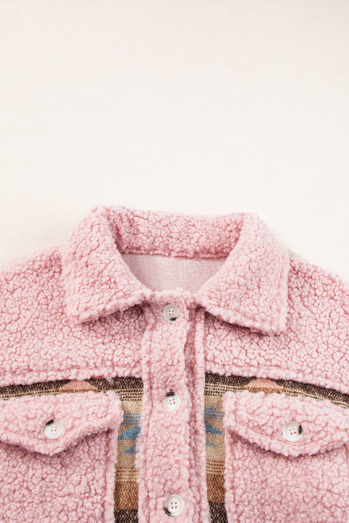Western Aztec Print Sherpa Spliced Fleece Pocket Jacket