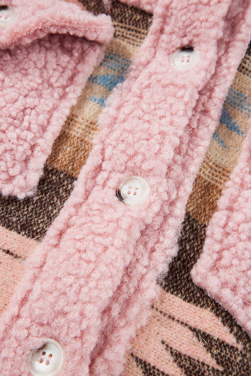 Western Aztec Print Sherpa Spliced Fleece Pocket Jacket