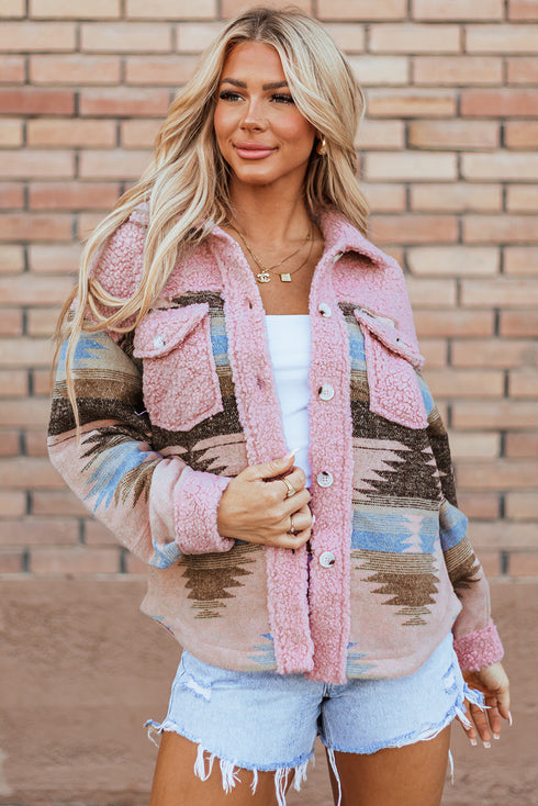 Western Aztec Print Sherpa Spliced Fleece Pocket Jacket
