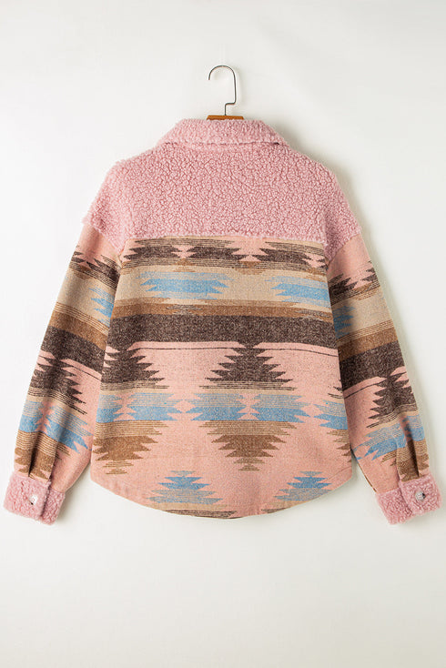 Western Aztec Print Sherpa Spliced Fleece Pocket Jacket