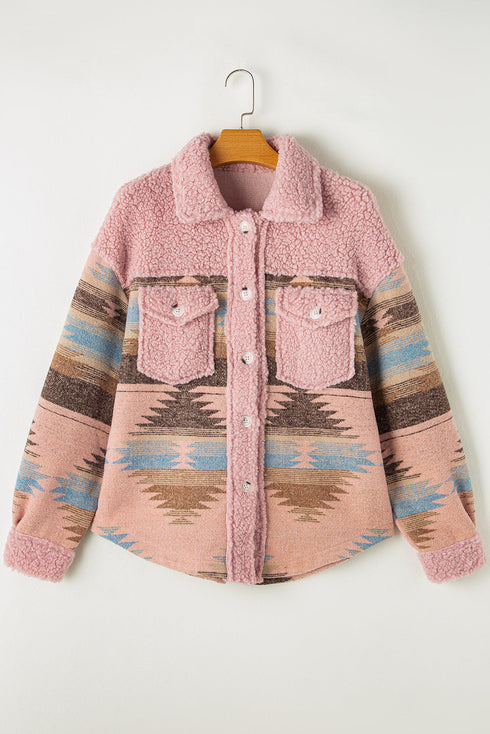 Western Aztec Print Sherpa Spliced Fleece Pocket Jacket