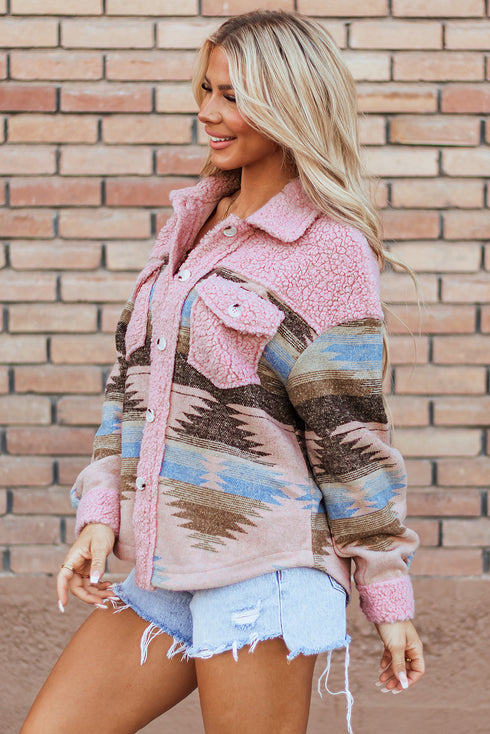 Western Aztec Print Sherpa Spliced Fleece Pocket Jacket