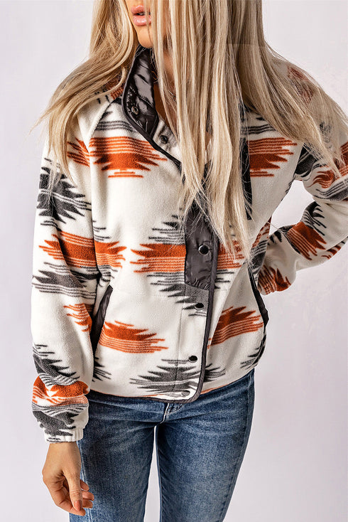 Western Aztec Print Snap Buttoned Fleece Jacket