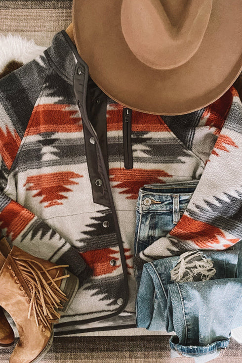 Western Aztec Print Snap Buttoned Fleece Jacket