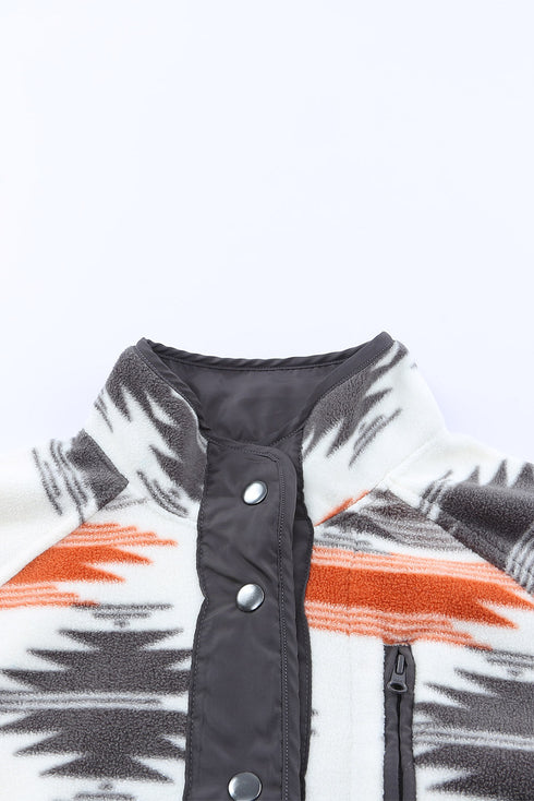Western Aztec Print Snap Buttoned Fleece Jacket