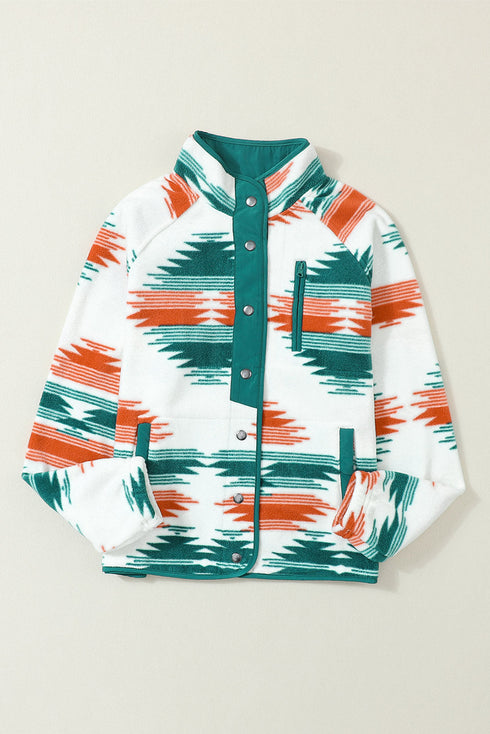 Western Aztec Print Snap Buttoned Fleece Jacket