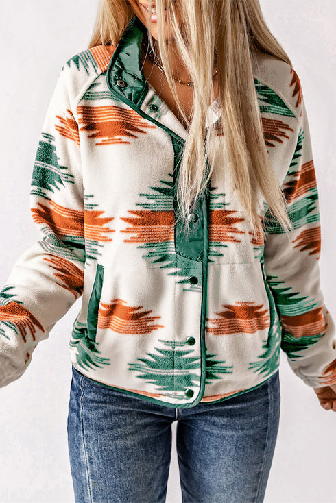 Western Aztec Print Snap Buttoned Fleece Jacket