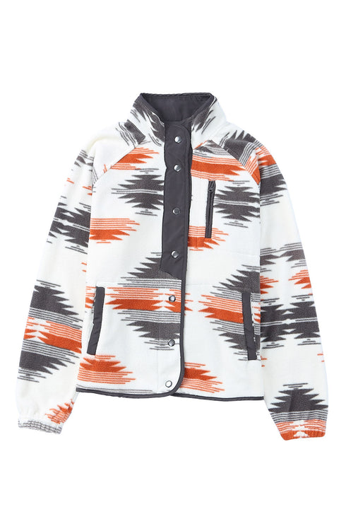Western Aztec Print Snap Buttoned Fleece Jacket