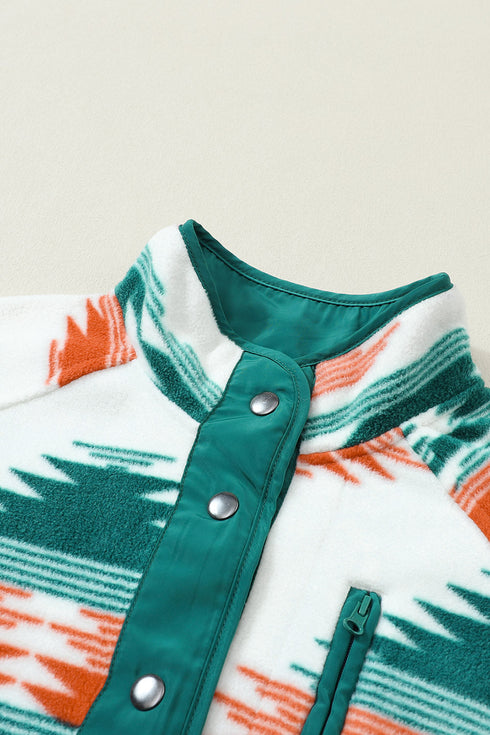 Western Aztec Print Snap Buttoned Fleece Jacket