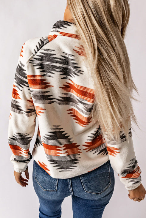 Western Aztec Print Snap Buttoned Fleece Jacket