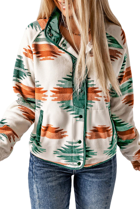 Western Aztec Print Snap Buttoned Fleece Jacket