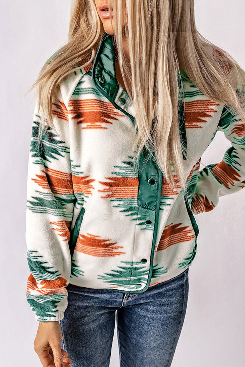 Western Aztec Print Snap Buttoned Fleece Jacket