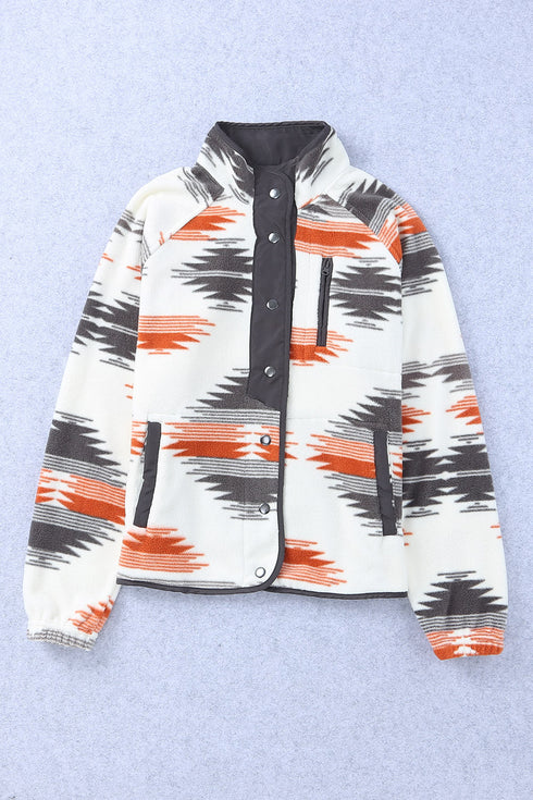 Western Aztec Print Snap Buttoned Fleece Jacket
