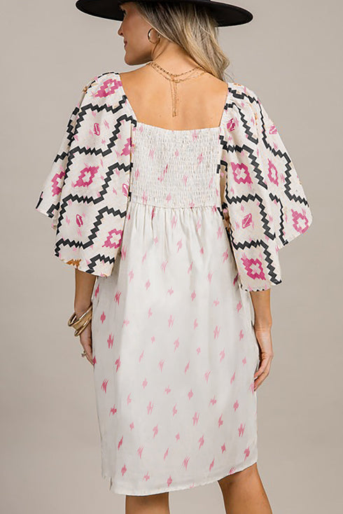Western Aztec Print Square Neck Pleated Mini Dress