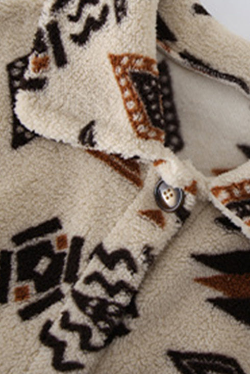 Western Aztec Printed Fleece Buttoned Front Midi Length Coat