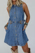 Western Belted Button Down Sleeveless Denim Mini Dress