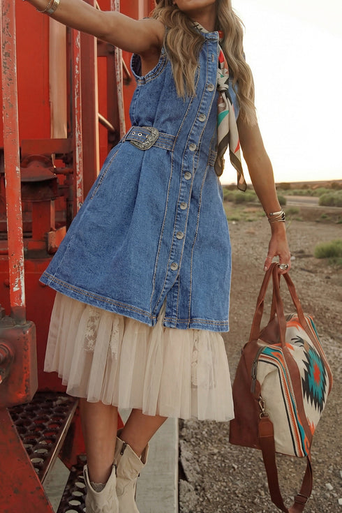 Western Belted Button Down Sleeveless Denim Mini Dress