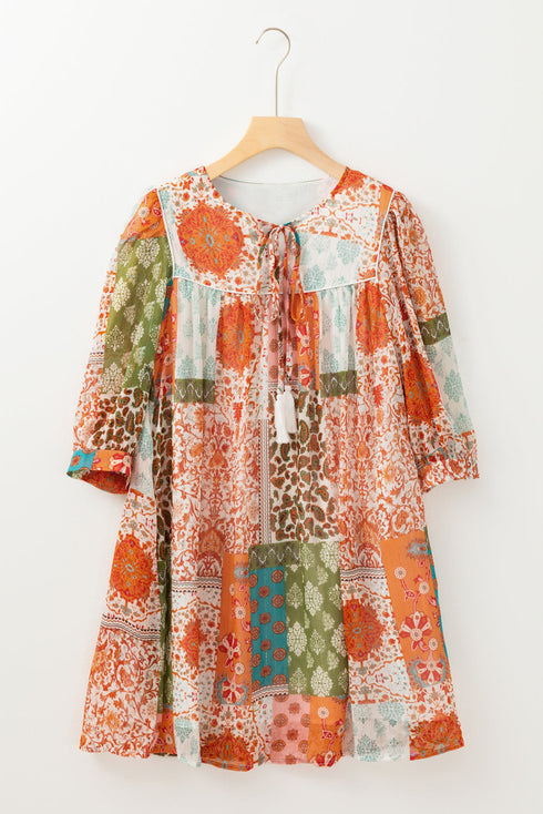 Western Bohemian Paisley Mixed Print Loose Mini Dress