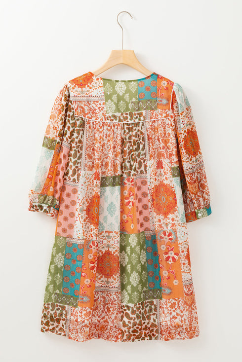 Western Bohemian Paisley Mixed Print Loose Mini Dress
