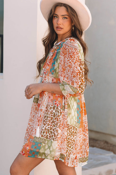Western Bohemian Paisley Mixed Print Loose Mini Dress