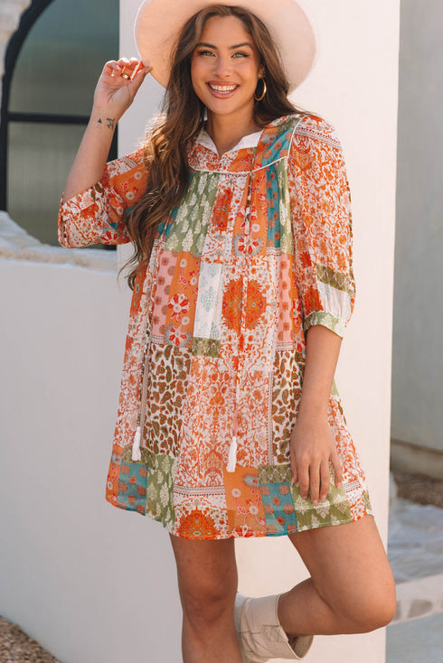 Western Bohemian Paisley Mixed Print Loose Mini Dress