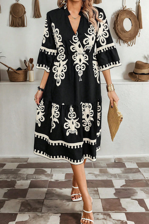 Western Bohemian Paisley Print A-Line Midi Dress